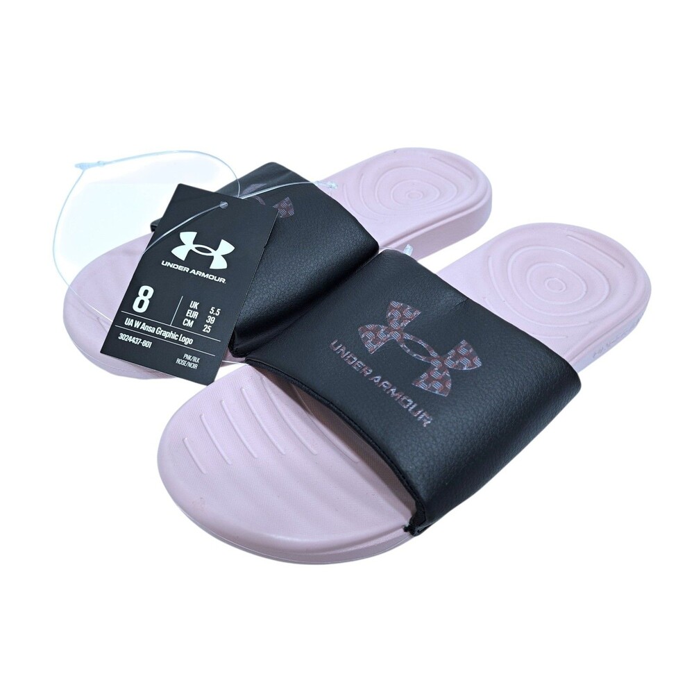 Under Armour ANSA Slides Women's Size 8 Pink Black Sandals UA Logo 3024437